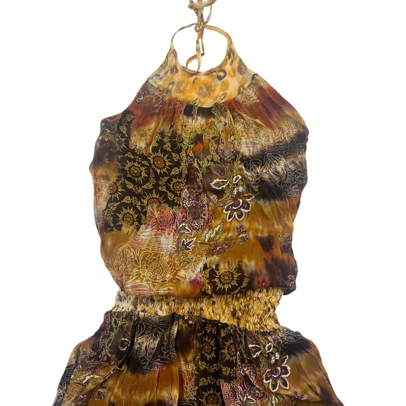 Vintage Y2K 100% SILK Halter Mini Dress Size 14 Open Back Lined Boho Browns - Picture 5 of 13